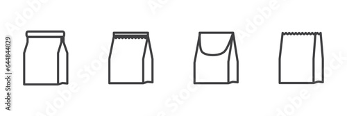 Simple Paperbag, handbag and paper market pack outline icon set. Set of types of flexible packaging. Infographics icons. Vector illustration isolated on white background,  Set of junk food paper bag.