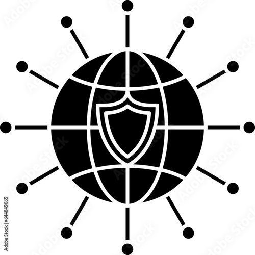 Global Networking With Shield Icon In B&W Color.