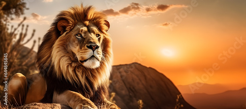 Beautiful lion in the savannah at sunset. Panoramic view, Generative AI