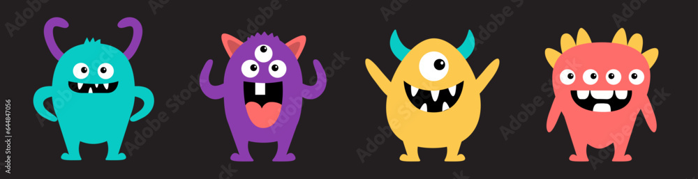 Cute monster set line. Happy Halloween. Colorful silhouette monsters. Cartoon kawaii funny boo character. Cute face with teeth, horns, eyes. Childish baby collection. Flat design. Black background.