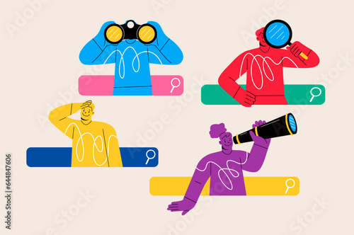 SEO concept. Search bars and people browsing online information. Colorful vector illustration