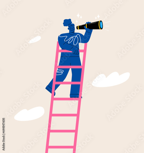 Woman looks far for new business with binocular. Colorful vector illustration