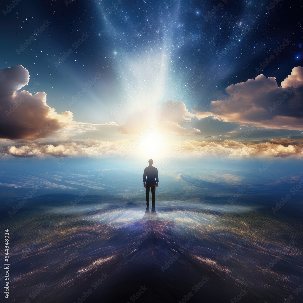 Fototapeta premium Ethereal Moment: Man Standing in the Heaven Sky