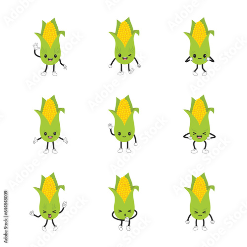 Set of cartoon emoticon corn cob. Kawaii emoji collection of different characters. Smiling, happy, comic, funny, friendly, angry, sad, hopeful, dreaming, chilling out, greeting