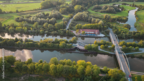 Aerial photo of the Lippe River, Germany. Trees near the Lippa River. photo