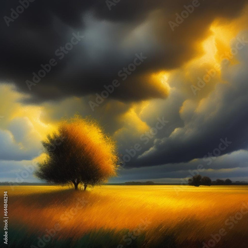 Impressionism painting style of storm clouds over grassland with isolated tree. Generative AI