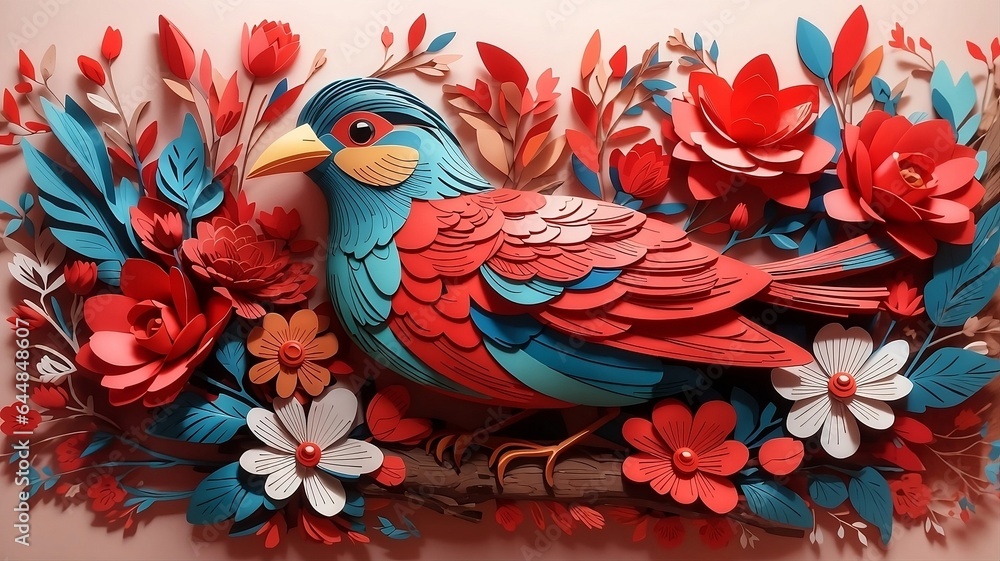 Elegance in 3D, A Captivating Abstract Background Illustration of Birds and Flowers