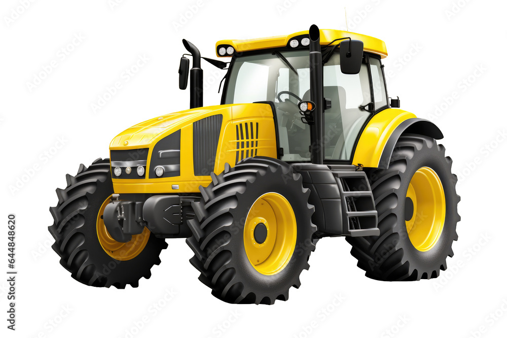 Isolated yellow modern agricultural tractor on a cutout PNG transparent background
