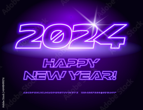 Vector glowing greeting card Happy New Year 2024! Neon Violet Font. Electric Alphabet Letters and Numbers set