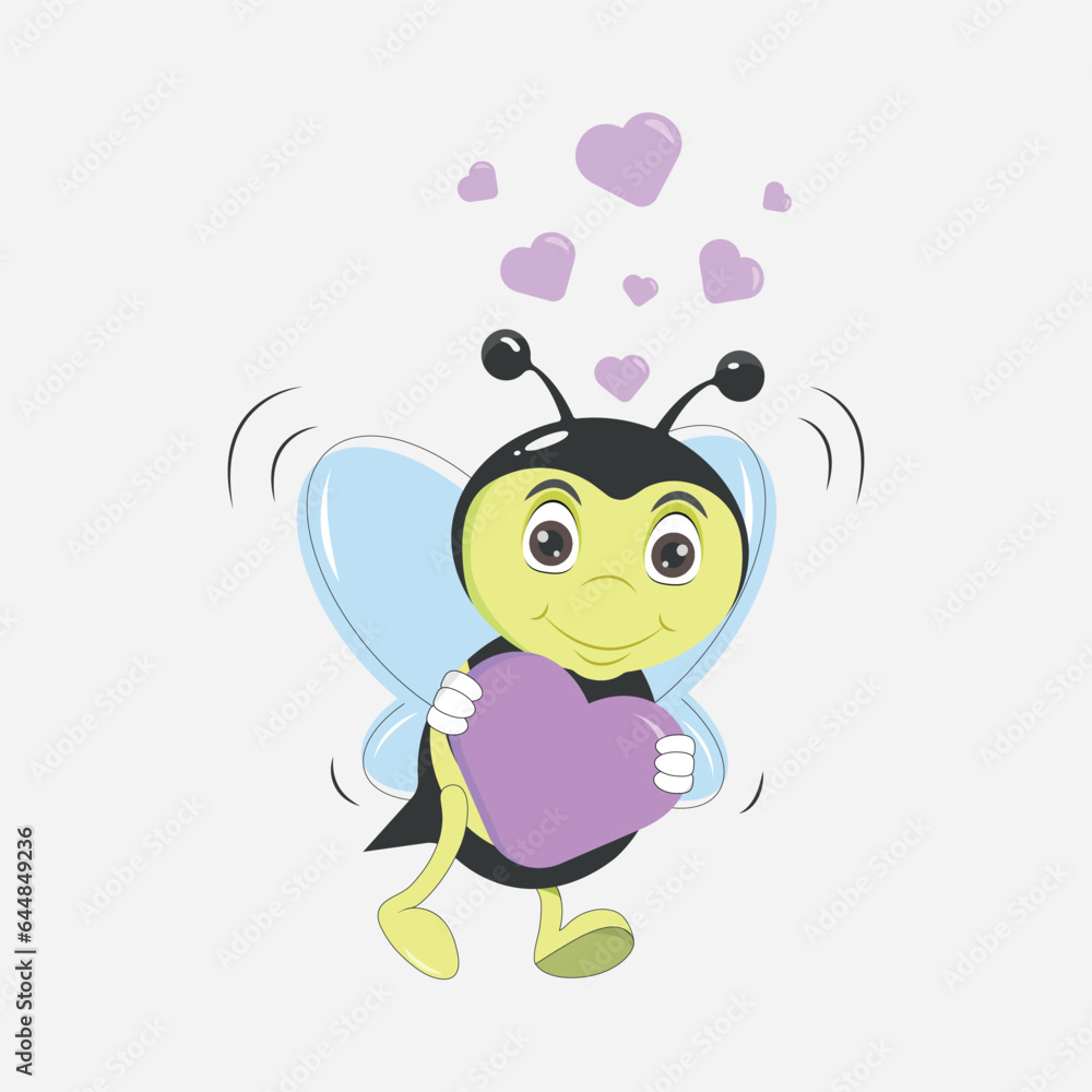 Obraz premium Graphic vector illustration of a bee in love with a heart in its hands on a gray background.