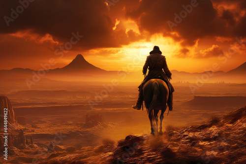 Native american man riding a horse in the wild west desert at sunset  indigenous navajo indian in traditional cloth