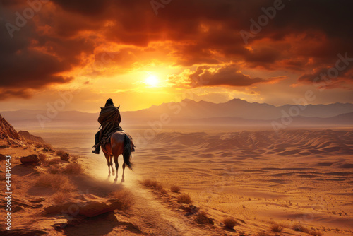 Native american man riding a horse in the wild west desert at sunset, indigenous navajo indian in traditional cloth © pariketan