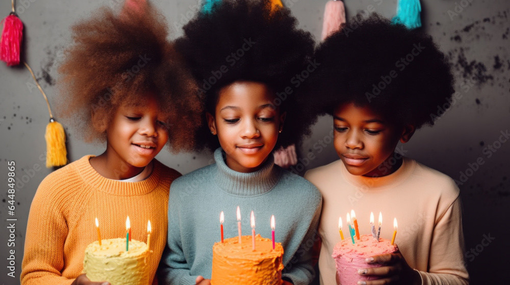 Happy children and birthday cake. Generative AI Happy children and birthday cake. Generative AI