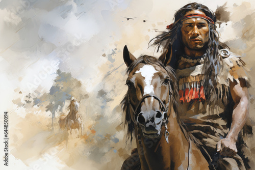 Obraz na płótnie Native american man riding a horse in the wild west desert in watercolor, indige