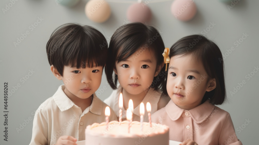 Asian kids celebrate with birthday cake. Generative AI Asian kids celebrate with birthday cake. Generative AI