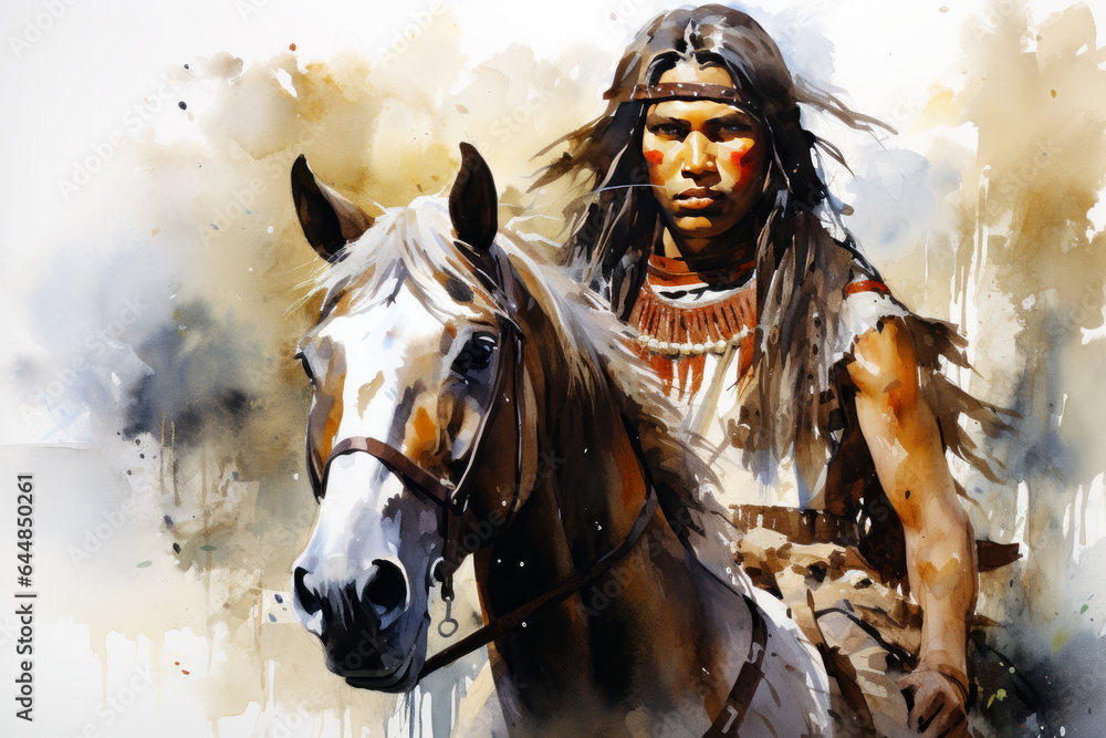 Native american man riding a horse in the wild west desert in ...