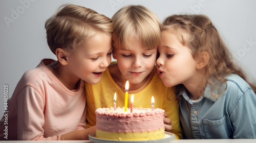 Joyful kids and a birthday treat. Generative AI