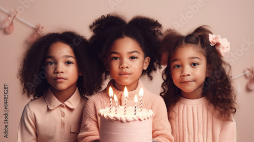 Children celebrating with birthday cake. Generative AI