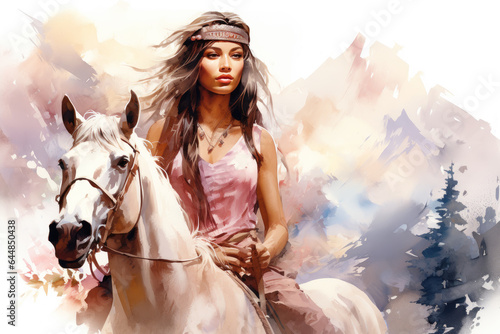 Native american woman riding a horse in wild west in watercolor  young indigenous navajo indian in traditional cloth