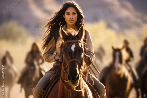 Native american woman riding a horse in the wild west desert, young indigenous navajo indian in traditional cloth