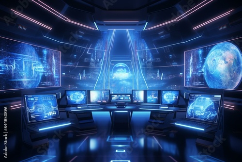 Futuristic room with computer screens. Concept of cyber security and advanced technology. Blue tones. Generative ai