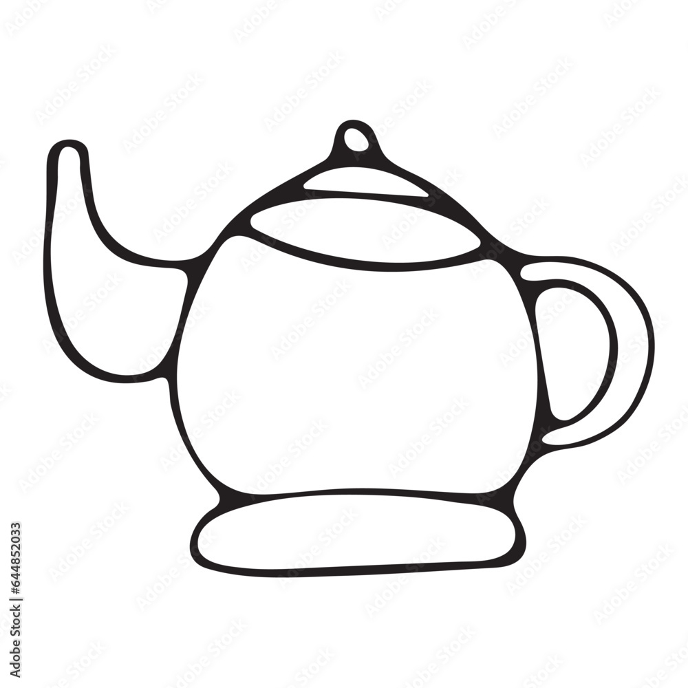 Obraz premium Vector black and white graphic doodle illustration of a teapot on a white background.