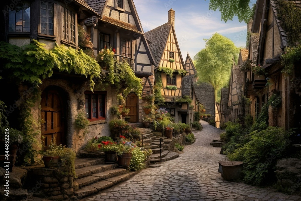 A charming medieval village with picturesque quaint houses. Generative AI