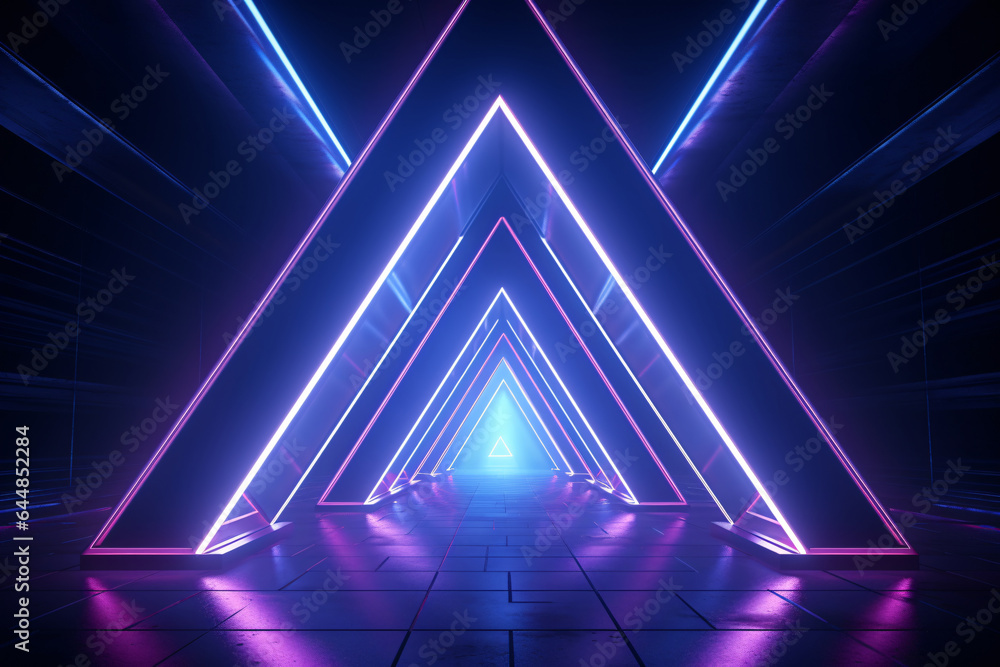 Neon light abstract background. Triangle tunnel or corridor pink blue ...