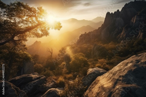majestic sun rising above rugged mountains. Generative AI