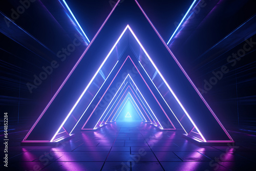 Neon light abstract background. Triangle tunnel or corridor pink blue neon glowing lights. Laser lines and LED technology create glow in dark room. Cyber club neon light stage room.