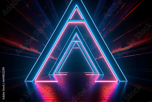 Neon light abstract background. Triangle tunnel or corridor tropical color neon glowing lights. Laser line and LED technology create glow in dark room. Cyber club neon light stage room.