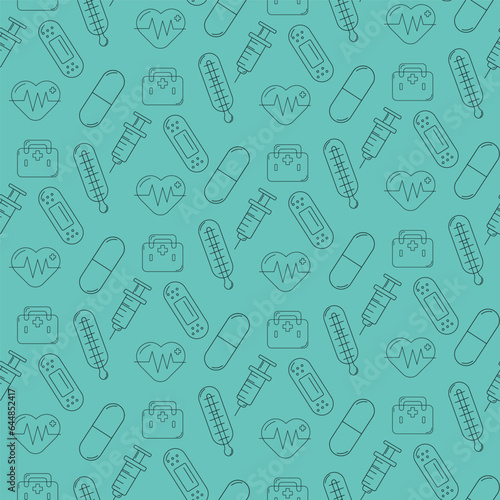 Seamless medical pattern on a blue background.