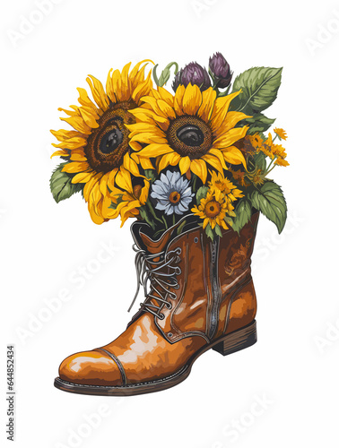 Sunflower bouquet in a leather boot. 
