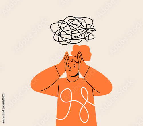 People with clutter of thoughts in brain, woman with mental disorders, anxiety and confused minds. Psychology concept. Colorful vector illustration