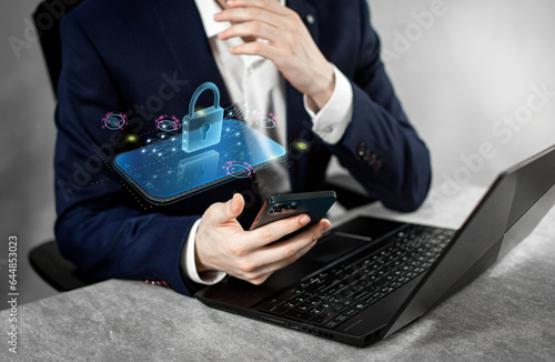 Businessman using smartphone with Virtual private network. Security encrypted connection. Anonymous internet use. Cyber security and privacy connection technology 