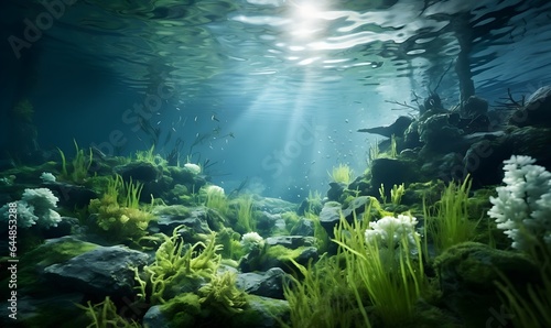 Underwater view of a seabed area covered with green seagrass