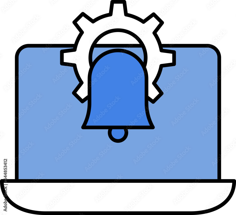 Setting With Bell In Laptop Screen Icon In Blue And White Color. Setting With Bell In Laptop Screen Icon In Blue And White Color.
