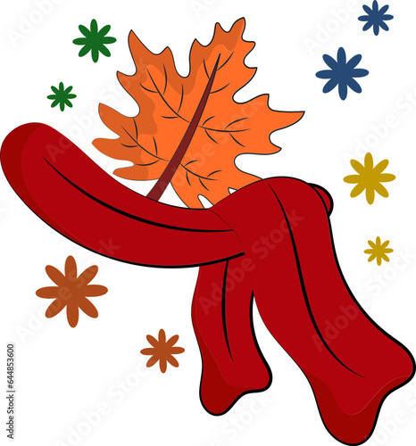 Red Scarf With Maple Leaf And Flowers Over White Background.