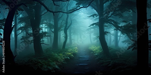 Mysterious misty morning nature. Embracing darkness. Foggy forest landscape. Lost in woods. Misty autumn path © Bussakon