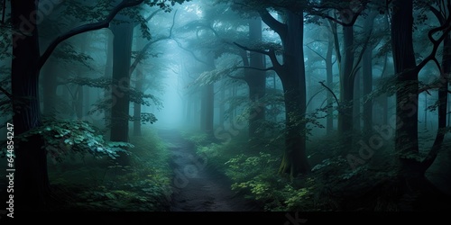 Mysterious misty morning nature. Embracing darkness. Foggy forest landscape. Lost in woods. Misty autumn path © Bussakon