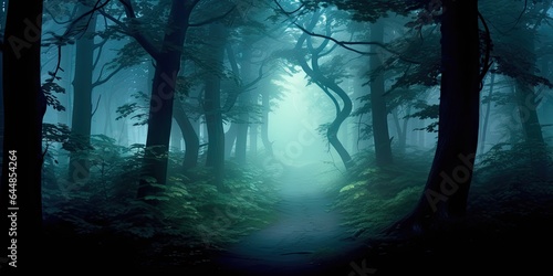 Mysterious misty morning nature. Embracing darkness. Foggy forest landscape. Lost in woods. Misty autumn path