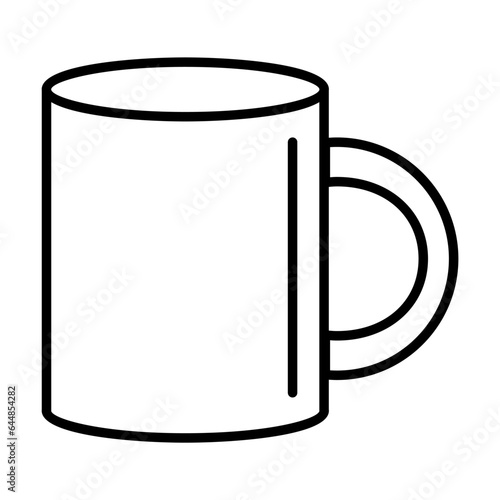 Ceramic mug with handle for hot drinks isolated on white. Drinks and beverages. Kitchen pictogram symbol. Simple thin line black and white vector icon