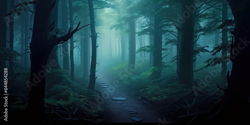 Mysterious misty morning nature. Embracing darkness. Foggy forest landscape. Lost in woods. Misty autumn path