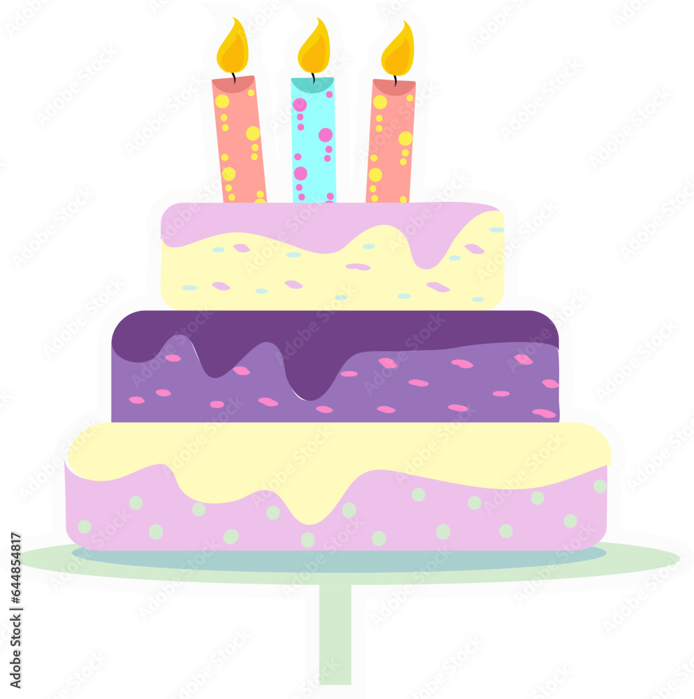 Colorful Burning Candles In Three Layer Cake Sticker. Colorful Burning Candles In Three Layer Cake Sticker.