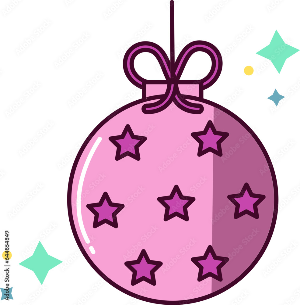 Hanging Pink Bauble With Stars Icon Or Sticker. Hanging Pink Bauble With Stars Icon Or Sticker.