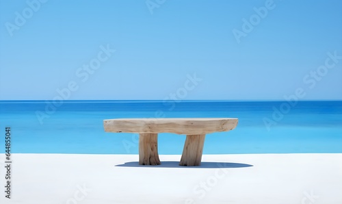 Wooden table with the sea  an island  and the blue sky in the background