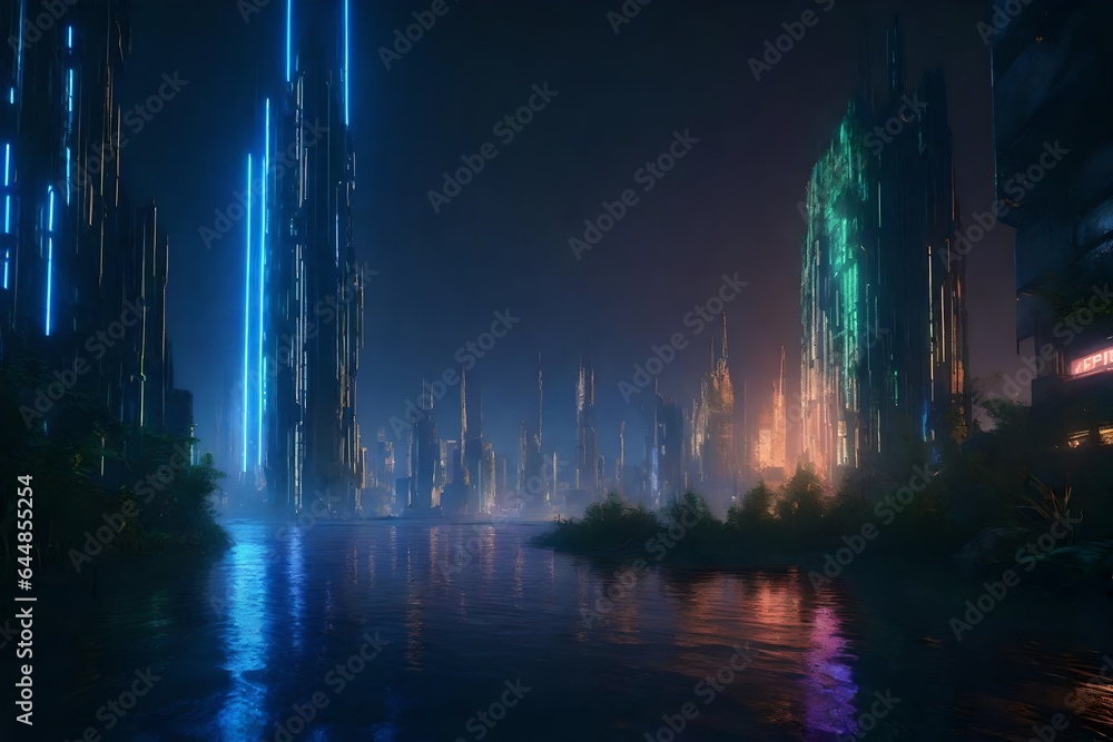3D rendering of a cyberpunk world. Depict a gritty, neon-lit cityscape with overgrown vegetation reclaiming the landscape, offering a vivid contrast between the vibrancy of technology and the nature