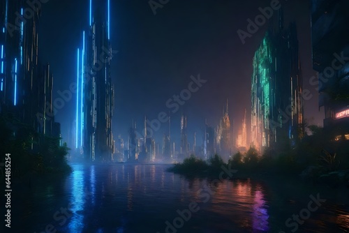 3D rendering of a cyberpunk world. Depict a gritty, neon-lit cityscape with overgrown vegetation reclaiming the landscape, offering a vivid contrast between the vibrancy of technology and the nature