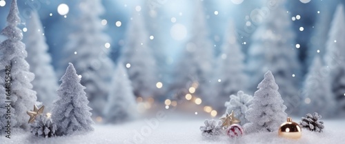 Christmas banner, Christmas background with Xmas tree and sparkle bokeh lights winter landscape snowflakes