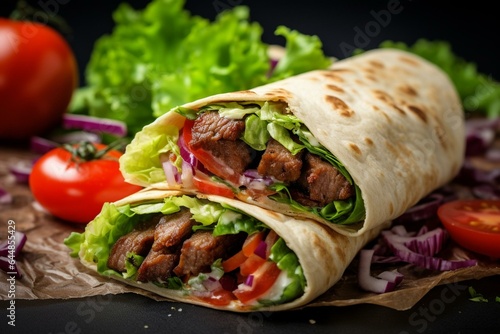 An image of delicious, juicy kebab wraps with meat, lettuce, tomato, onion, and sauce. Generative AI
